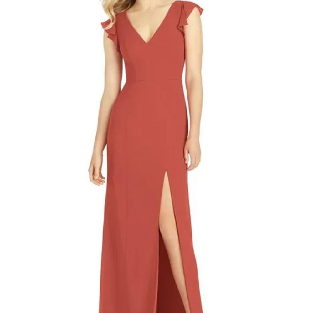 After Six Style 6810 Ruffled Sleeve Mermaid Dress w/ Front Slit Amber Sz 14 NWT